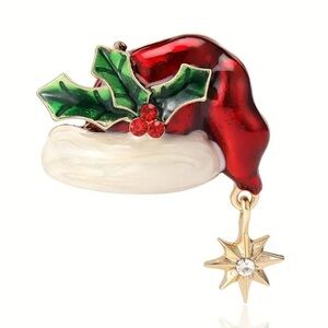Brooch- Santa hat, NIP, red, green,white enamel paint, dangle star,1.5”x1.5”